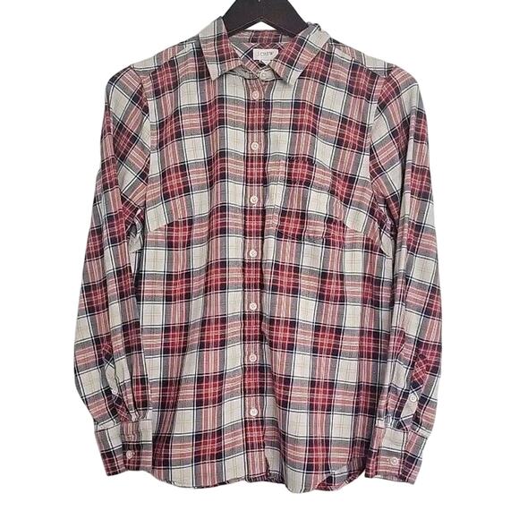 J.CREW Tops - J.Crew‎ Women Red Blue Button-Down Flanned Plaid 100% Cotton Shirt Sz M EUC